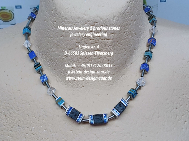 Unikat Würfel Halskette mit Bergkristall und Lava