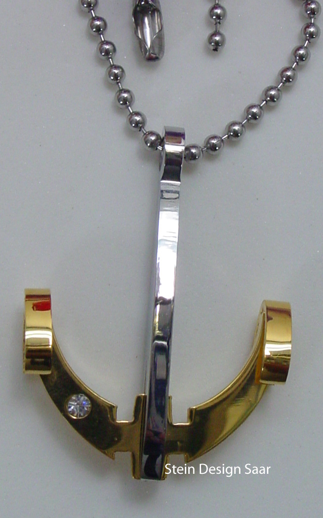 Edelstahl Anker, Kettenanhänger bicolor, maritim, vergoldet, mit Zirkonia